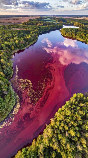 Red algae plant on the lake. abstract ecology nature concept, wild landscape with vibrant red colored water and green forest on a sunny day in summer, Aerial view, wilderness nature with no people around, AI generated