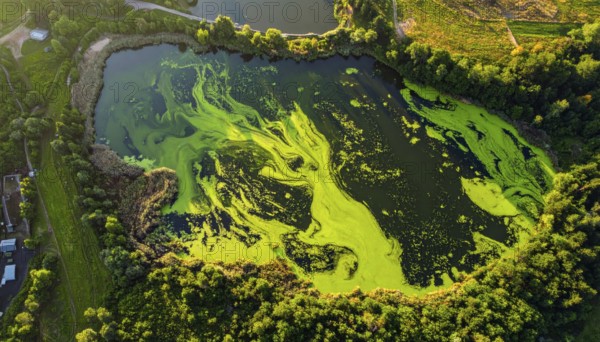 Green algae on the lake. Aerial view of nature, landscape with hills and forest in summer, cloudy sky, golden light at sunset, AI generated