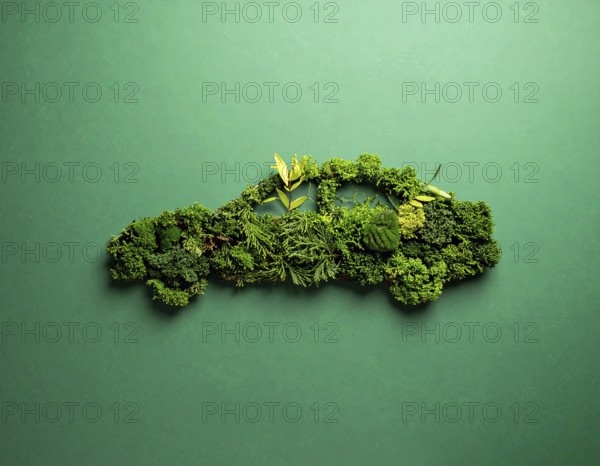 Car formed by green leaves and branches. Sustainable Car technology, ecology concept in harmony with nature, abstract wallpaper illustration, AI generated