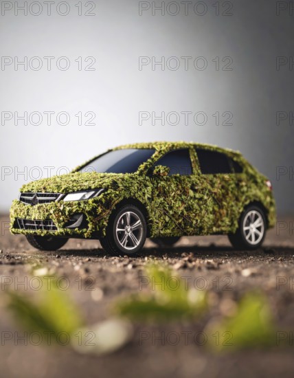 Car formed by green leaves and branches. Sustainable Car technology, ecology concept in harmony with nature, abstract wallpaper illustration, AI generated