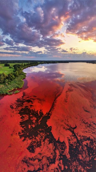 Red algae plant on the lake. abstract ecology nature concept, wild landscape with vibrant red colored water and green forest on a sunny day in summer, Aerial view, wilderness nature with no people around, AI generated