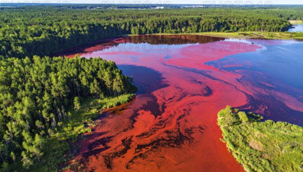 Red algae plant on the lake. abstract ecology nature concept, wild landscape with vibrant red colored water and green forest on a sunny day in summer, Aerial view, wilderness nature with no people around, AI generated