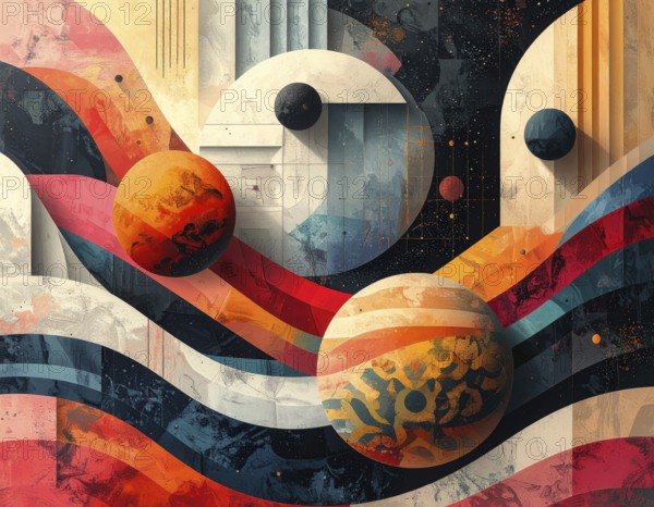 Vector art illustration, spheres, rectangles, triangles and geometric pattern, vector wallpaper illustration, textured background in vibrant colors, abstract drawing, simple artwork design for template or banner, AI generated