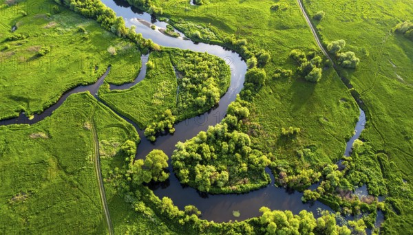 Ecology and environment concept. Green wilderness nature from above. Aerial view on meandering river landscape with trees and meadows. Healthy nature with tranquil atmosphere, AI generated