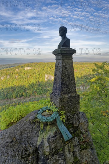 Wilhelm Hauff Memorial, memorial stone for Wilhelm Hauff, Romantic writer and fairy tale poet, Lichtenstein Castle, also known as Württemberg's fairytale castle, built in the style of historicism, Lichtenstein, Swabian Jura, Baden-Württemberg, Germany