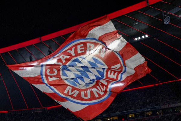 Flag, flying under stadium roof, logo FC Bayern Munich, FCB, Champions League, Allianz Arena, Munich, Bayern, Germany