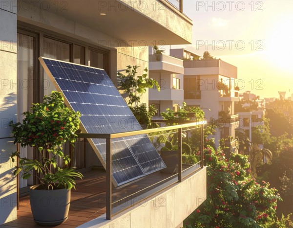 Sunlight Glinting Off Solar Panels on Contemporary Apartment Balcony, energy solution, concept of sustainable energy and environment protection, AI generated