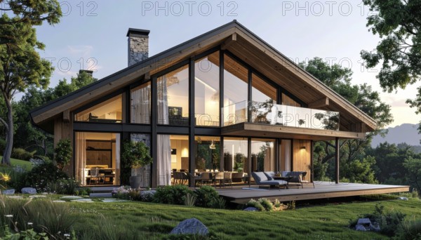 Modern Extension on a Traditional Cottage with Glass and Wood Architecture, green garden with plants and trees in the wilderness, evening soft twilight, on a clear sky, lights insight, AI generated