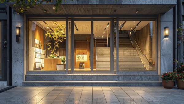 Modern building entrance with stairs, glass facade, and plants in warm evening light, empty storefront entrance with a gently stairs access, modern building with glass facade, blurred background, soft sunlight at evening, no people, AI generated