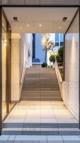 Modern building entrance with stairs, glass facade, and plants in warm evening light, empty storefront entrance with a gently stairs access, modern building with glass facade, blurred background, soft sunlight at evening, no people, AI generated