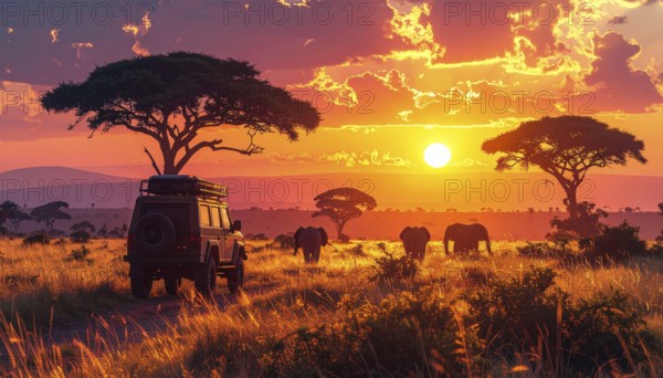 African savannah sunrise with a jeep safari and elephants, AI generated