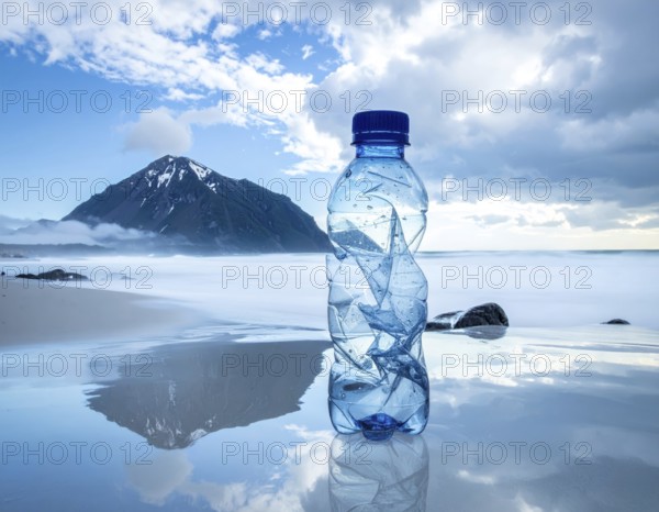Crushed plastic water bottle waste in a wild landscape, symbol for nature protection, waste avoidance, recycling and ecology concepts on earth environment, AI generated
