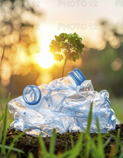 Crushed plastic water bottle waste in a wild landscape, symbol for nature protection, waste avoidance, recycling and ecology concepts on earth environment, AI generated