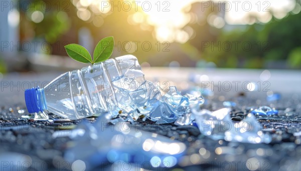 Crushed plastic water bottle waste in a wild landscape, symbol for nature protection, waste avoidance, recycling and ecology concepts on earth environment, AI generated