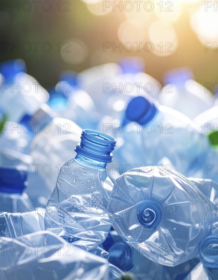 Crushed plastic water bottle waste in a wild landscape, symbol for nature protection, waste avoidance, recycling and ecology concepts on earth environment, AI generated