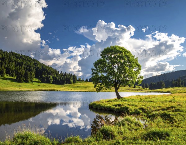 Single and lonely tree near to a lake, meadow and lot of wild grass around, hilly wilderness landscape with blue sky, beautiful clouds on the horizon, nobody around, concept of freedom, traveling and beauty of nature, AI generated
