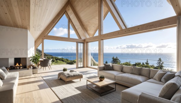 Peaceful A-frame cabin interior with ocean views, real estate lifestyle and travel destination, Comfortable minimalist sanctuary embraced by natural beauty and stunning coastal scenery, clear blue sky, AI generated