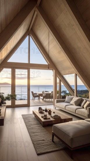 Peaceful A-frame cabin interior with ocean views, real estate lifestyle and travel destination, Comfortable minimalist sanctuary embraced by natural beauty and stunning coastal scenery, clear blue sky, AI generated