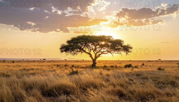 Single acacia tree in the savannah at sunset, solitude in the wild, dry grass in the foreground, yellow sky with colorful clouds, AI generated
