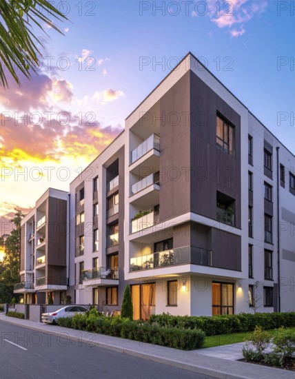 New modern block of flat, condo architecture, Residential apartment as a flat, luxury house complex, City real estate property, green garden plants in front, clear blue sky with golden evening light, AI generated
