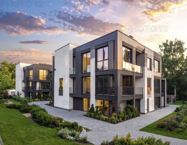 New modern block of flat, condo architecture, Residential apartment as a flat, luxury house complex, City real estate property, green garden plants in front, clear blue sky with golden evening light, AI generated