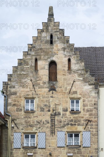 Stone Kemenate, fire station, Gothic construction, stairway, Upper Old Town, Kronach, Upper Franconia, Bavaria, Germany