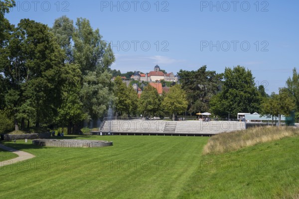 Park with view of Rosenberg Fortress, Landesgartenschau-Park, Kronach, Upper Franconia, Franconia, Bavaria, Germany