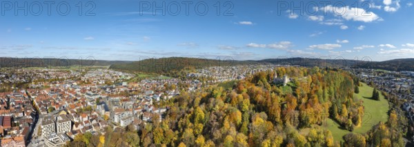 Aerial view, panorama of the ruins of Honburg Castle on the Honberg above the town of Tuttlingen, surrounded by autumn vegetation, Tuttlingen district, Black Forest, Baar, Heuberg, Baden-Württemberg, Germany