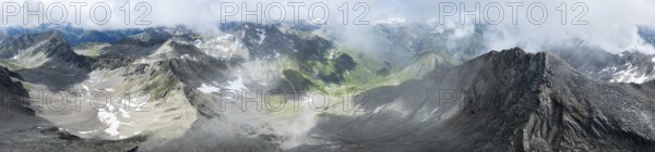 360° alpine panorama, aerial view, Lasörling summit, Lasörling Group, Hohe Tauern, East Tyrol, Austria