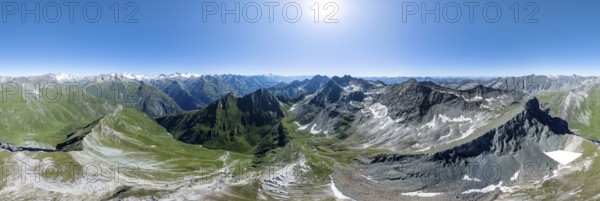 360° alpine panorama, aerial view with summit of Grossvenediger, Venediger Group and Lasörling Group, Hohe Tauern, Austria