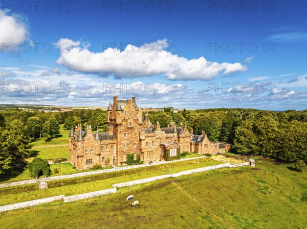 Ayton Castle from a drone, Ayton, Eyemouth, Scottish Borders, Scotland, UK
