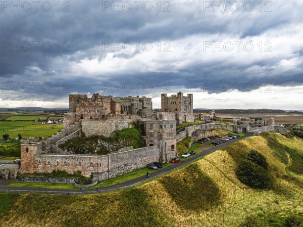 Bamburgh Castle from a drone, Northumberland, Northeast Coast, England, United Kingdom