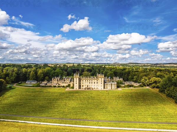 Floors Castle and garden from a drone, Duke of Roxburghe, Roxburghshire, Scotland, UK