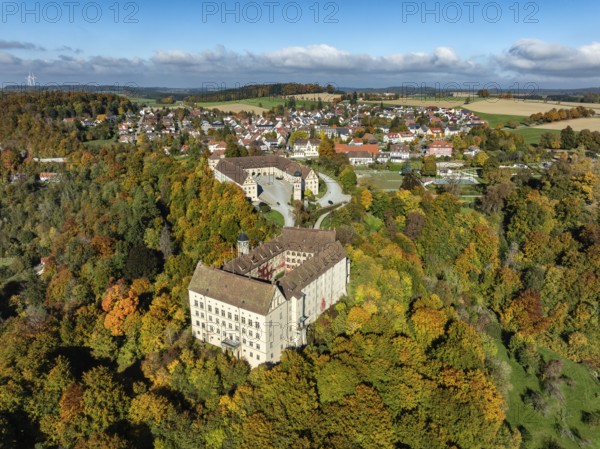 Aerial view of Heiligenberg Castle, a Renaissance-style palace complex, Tübingen administrative district, Lake Constance, Linzgau, Baden-Württemberg, Germany