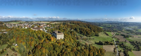 Aerial view, panorama of Heiligenberg Castle, a Renaissance-style palace complex, Tübingen administrative district, Lake Constance, Linzgau, Baden-Württemberg, Germany