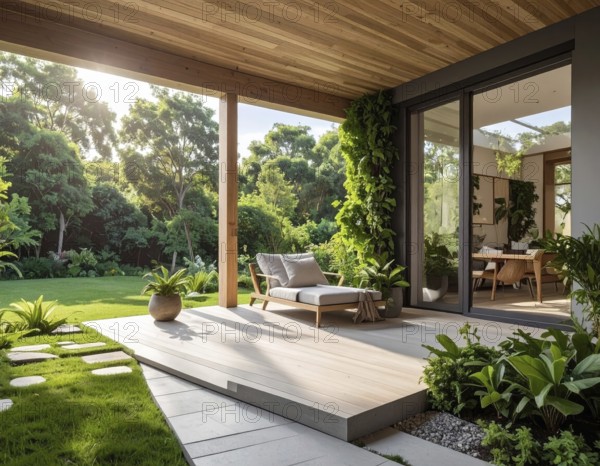 An eco-friendly porch designed for sustainable living in an environmentally-conscious home, lush greenery, landscape bathed in warm sunlight, AI generated