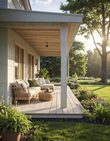 An eco-friendly porch designed for sustainable living in an environmentally-conscious home, lush greenery, landscape bathed in warm sunlight, AI generated