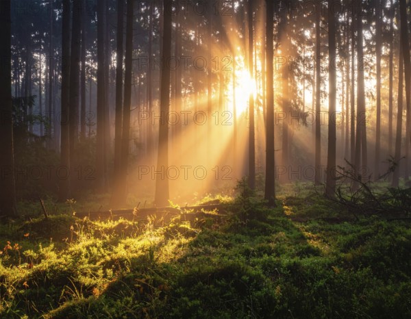 Sunlight streaming through a dense, misty forest, Fog covered forest in summer with mystic golden sunlight, spring morning landscape, backlight sunshine with sunbeams, AI generated