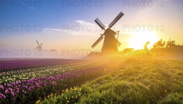 Fog covered landscape in sunrise with tulip fields and windmill in background, AI generated