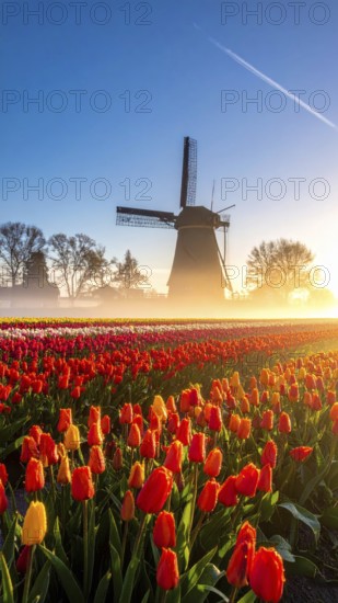 Fog covered landscape in sunrise with tulip fields and windmill in background, AI generated