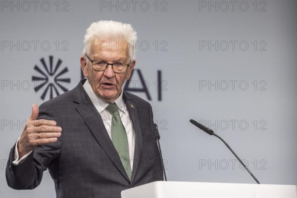 Winfried Kretschmann (Greens), Minister-President of Baden-Württemberg. portrait at the lectern with free text space. ground-breaking ceremony ceremony for the Innovation Park for Artificial Intelligence (IPAI), Heilbronn, Baden-Württemberg, Germany