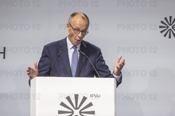 Federal Chancellor Friedrich Merz (CDU) . Portrait at the lectern with free text space. ground-breaking ceremony ceremony for the Artificial Intelligence Innovation Park (IPAI) . Heilbronn, Baden-Württemberg, Germany