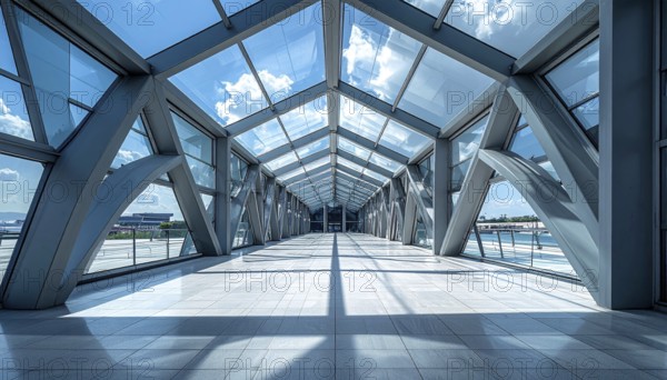 Modern architectural framework with glass and steel structure, glass facade with a greed of steel arrows, blue sky with a soft golden light of a sunrise, AI generated