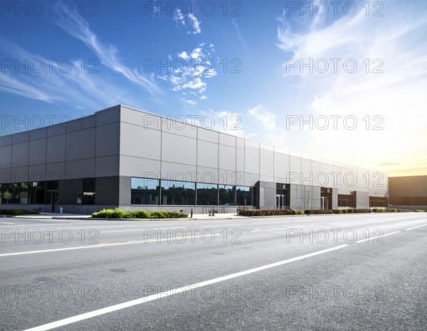 Modern supermarket building exterior against blue sky, Inviting white facade, some clouds, concept of shopping and consume, AI generated