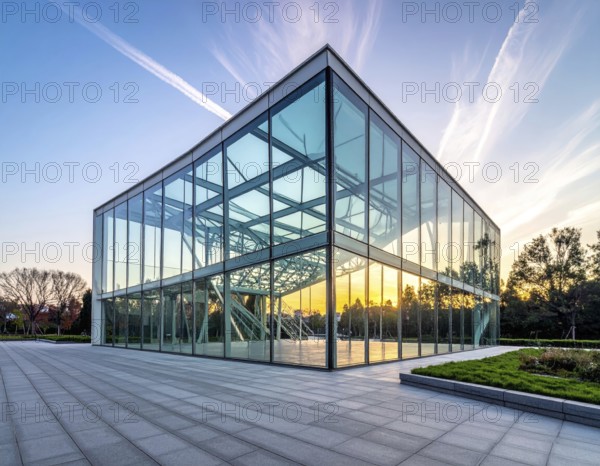 Modern architectural framework with glass and steel structure, glass facade with a greed of steel arrows, blue sky with a soft golden light of a sunrise, AI generated