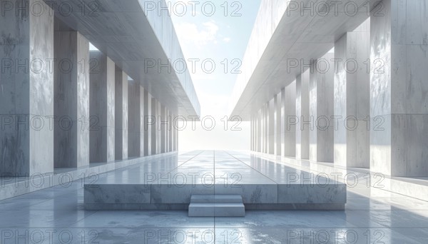3d illustration of abstract modern architecture background, Minimal geometry architectural design, futuristic car presentation backdrop with empty concrete floor and clear simple lines, white and grey color tones, AI generated