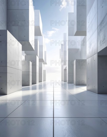 3d illustration of abstract modern architecture background, Minimal geometry architectural design, futuristic car presentation backdrop with empty concrete floor and clear simple lines, white and grey color tones, AI generated