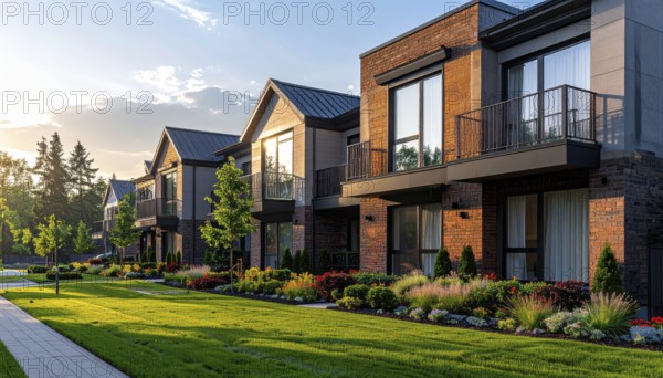 Modern apartment building with balconies and well-kept landscaping at sunset, Modern multifamily housing property with brick, siding facade features balconies, manicured lawns. Contemporary residential buildings offer urban living spaces, condominium options in scenic town, blue sky with a colorful sunrise, AI gererated, AI generated
