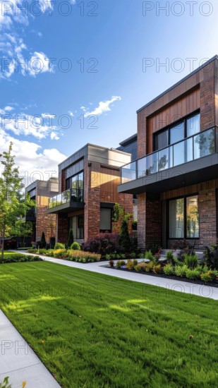 Modern apartment building with balconies and well-kept landscaping at sunset, Modern multifamily housing property with brick, siding facade features balconies, manicured lawns. Contemporary residential buildings offer urban living spaces, condominium options in scenic town, blue sky with a colorful sunrise, AI gererated, AI generated