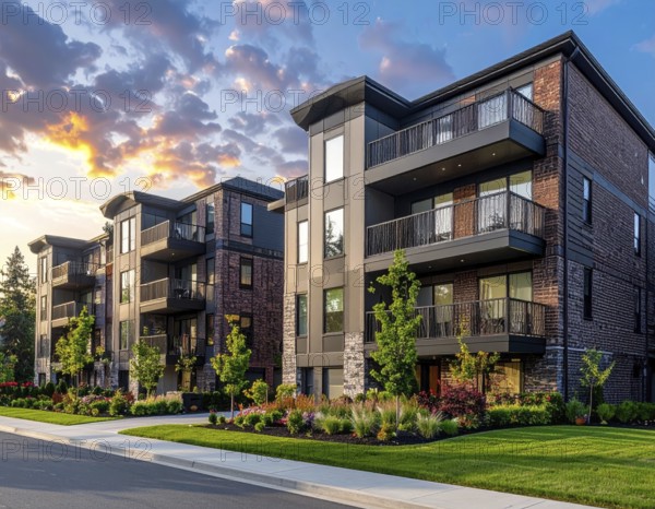 Modern apartment building with balconies and well-kept landscaping at sunset, Modern multifamily housing property with brick, siding facade features balconies, manicured lawns. Contemporary residential buildings offer urban living spaces, condominium options in scenic town, blue sky with a colorful sunrise, AI gererated, AI generated